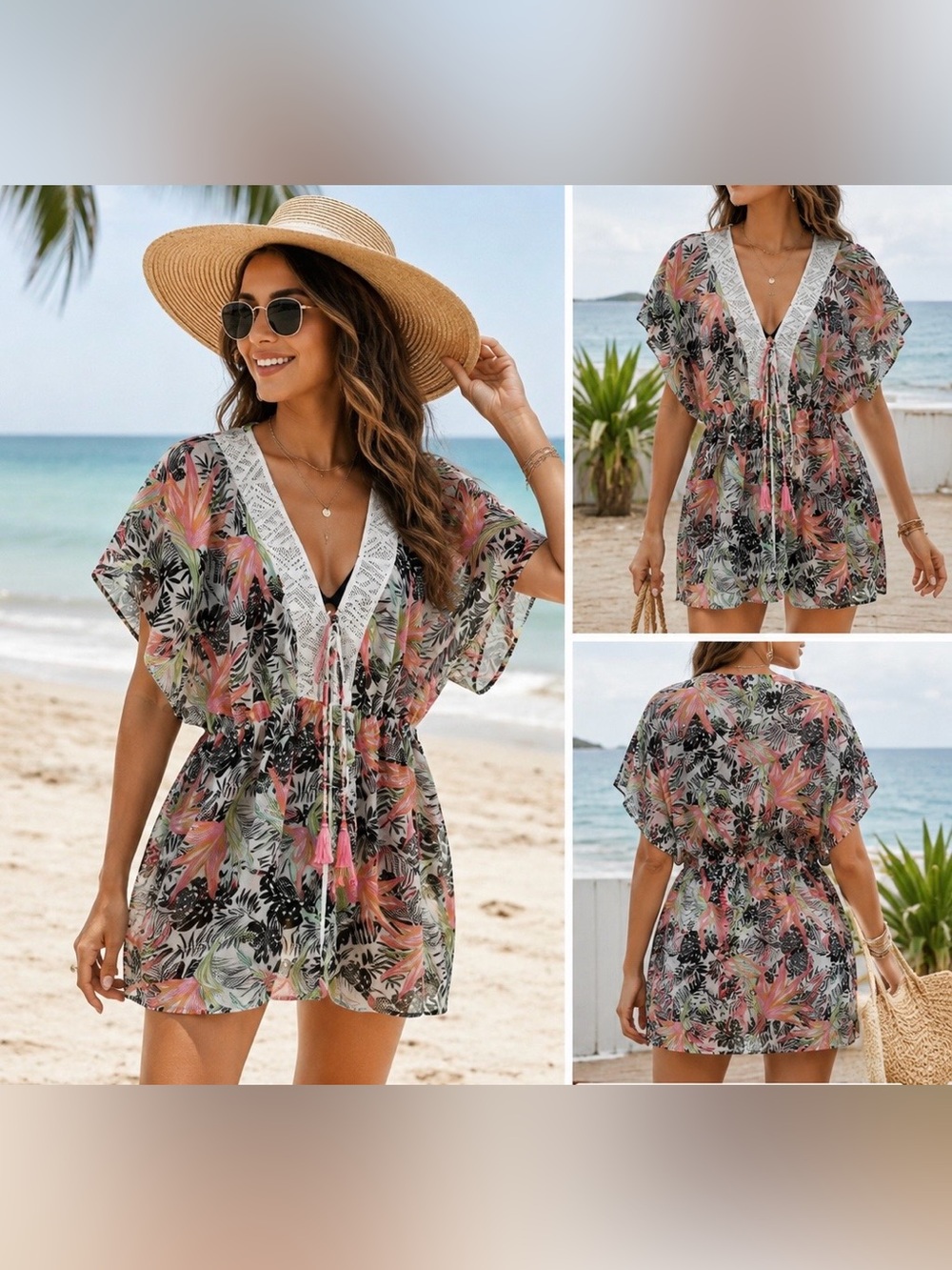 Miken Tropical Swim Cover Up Women Medium Pink Palm Print Lace Tassel Beach Boho